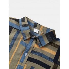 Mens Striped Color Block Lapel Short Sleeve Regular Hem Shirt