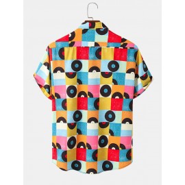 Mens Colorful Grid Geometric Pattern Short Sleeve Shirt With Pocket