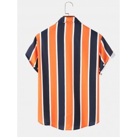 Mens Holiday Wide Striped Button Up Short Sleeve Shirts