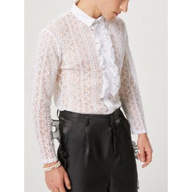 Mens See-Through Lace Crochet Ruffle Front Shirt