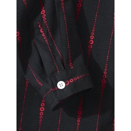 Mens Striped Geometric Print Button Up Cotton Drawstring Hooded Shirts